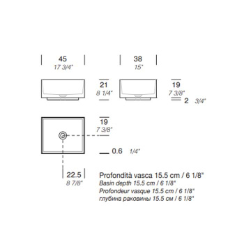Раковина Milldue STEP 45_21 накладная из CRISTALPLANT ,63х38х21, без отв для смесителя, белый матовый 9296*0 Bianco Opaco