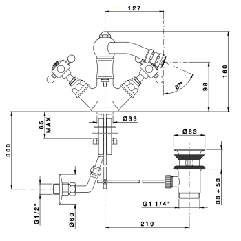 Смеситель для биде Nicolazzi Half Dome с 2мя ручками, на 1 отв., с донным клапаном, излив 127мм, ottone grezzo живой 1434OG70