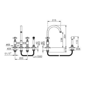 Смеситель для кухни Nicolazzi El Capitan на 4 отверстия, с вытяжным ручным душем, gold 1460WSGO69