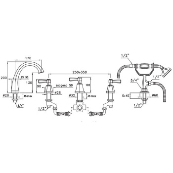 Смеситель на борт ванны Stella Eccelsa Leve на 5 отверстий 3256TR/307, золото 24К EL 02313 AU00