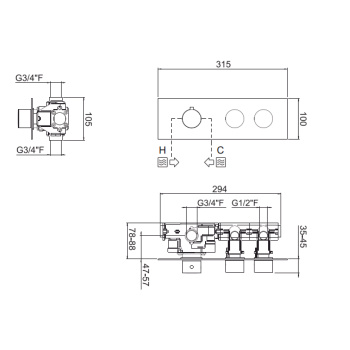Внешняя часть горизонтальная термостатического смесителя Carimali Iltondo на 2 потребителя. Квадратная пластина и круглые ручки, хром 21029EST/O-CR