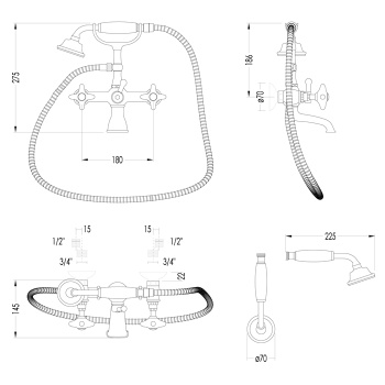 Смеситель для ванны настенный Devon&Devon White Rose с душевым комплектом, шланг+лейка никель блестящий UTWR733NK