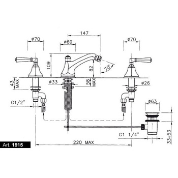 Смеситель для биде Nicolazzi Teide на 3 отверстия, двухвентильный, в комплекте с донным клапаном, gold 1915GO05