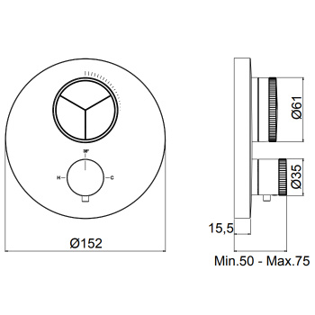Внешняя часть встраиваемого термостатического смесителя с кнопочным управлением Almar для 3-х потребителей, черный металл брашированный pvd E176633.AB