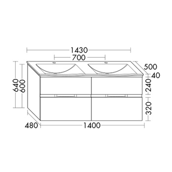 BURGBAD Orell База подвесная с 2-м умыв.из мин. литья 143х50х64см.4 выдв ящ., вкл сифон,1 отв под смес., цвет: белый матовый F1697, ручка G0138 с зеркальным шкафом SPGI140K0045T0012