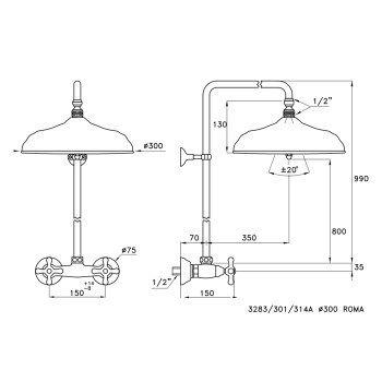Душевой комплект Stella Roma 3283/301/314A-300: смеситель, штанга+ручной+верхний душ 220 хром RM 02413 CR00