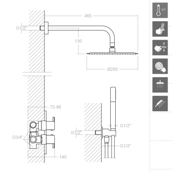 Смеситель для душа Ramonsoler Drako встраиваемый термостатический с тропическим и ручным душем K3387011