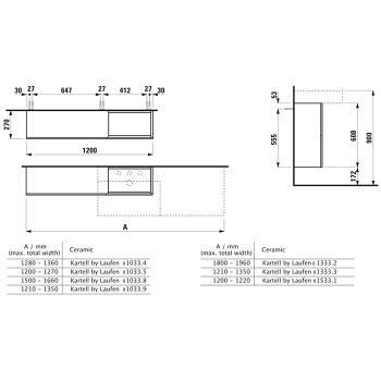 Laufen Kartell Тумба под раковину справа, 1200х270х610мм, с 1 дверцей и 2 створками, цвет: сланцево-серый