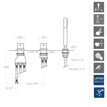 Смеситель на борт ванны Ramonsoler Alexia термостатический с ручным душем 3633TSCAM
