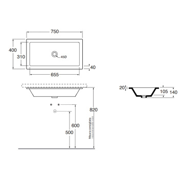 Раковина Azzurra Thin 75х40см встраиваемая под столешницу, без отв-я под смеситель, белый THLT07540000BI/(THI75/SP bi)*0