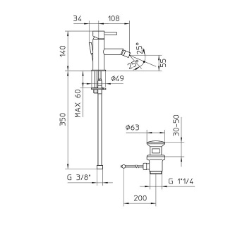 Bossini Oki Смеситель для биде на 1 отв., с заглушкой 1”1/4, цвет: никель шлифованный Z005401.