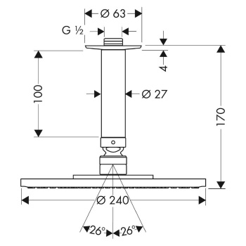 HG Raindance S  Верхний душ 1jet (RainAir), d240 мм, G1/2,  шарнирное соединение, с потолочным держателем 100 мм, цвет: хром