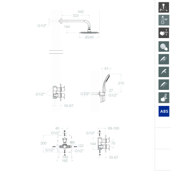 Смеситель для душа Ramonsoler Blautherm встраиваемый термостатический с тропическим и ручным душем 948712RP240