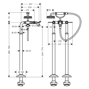 Axor Montreux Смеситель для ванны, напольный, с ручным душем, ручка: рычаг, цвет: шлифованная медь 1