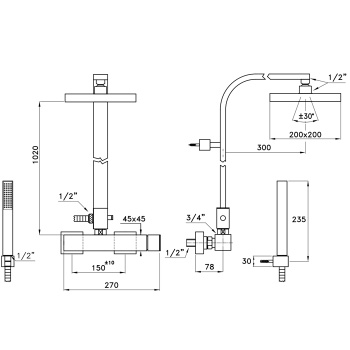 Душевой комплект Stella Bamboo Quadro 3283/420/304-200: смеситель, штанга+ручной+верхний душ 200 хром BQ 02423 CR00