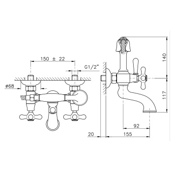 Смеситель для ванны настенный Nicolazzi Nuova Brenta с 2мя ручками, с душевой лейкой, тёмная бронза 2501DB