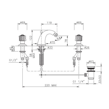 Смеситель для биде Nicolazzi Onice на 3 отверстия, излив: 119мм, золото 2115GO09O