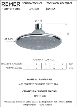 Верхний душ Remer с шарнирным соединением Ø 16см хром (CR) пластик 354PLX