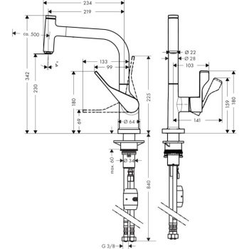 AX Citterio Смеситель для кухни, однорычажный, на 1 отв, с выдвижным душем, излив 219мм, цвет: хром