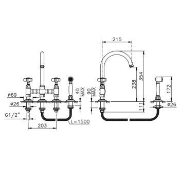 Смеситель для кухни Nicolazzi El Capitan на 4 отверстия, с вытяжным ручным душем, gold brass 1460WSGB69