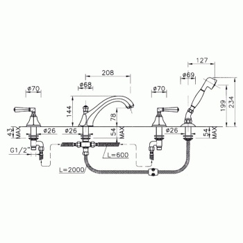 Смеситель на борт ванны Nicolazzi Teide на 4 отв., излив: 223 мм, с ручным душем, хром 1904CR05