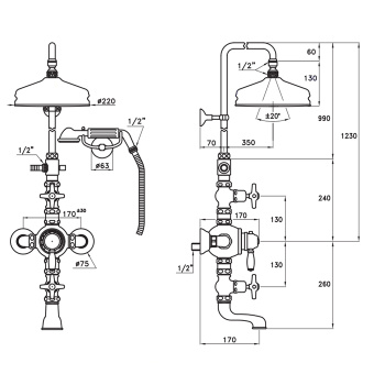 Душевой комплект Stella Italica IS3274/33-220: термостатический смеситель с изливом для ванны, штанга+ручной+верхний душ 220 хром IT 06150 CR00
