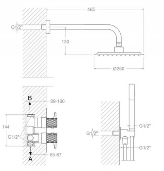 Смеситель для душа Ramonsoler Odisea встраиваемый термост на 2 выхода с тропи ручдушем joya медь K5987021CUC