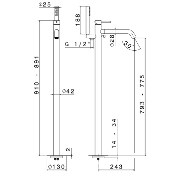 Смеситель для ванны напольный Newform X-steel 316 излив 243, в компл руч. душ, шланг, без встр. части, для 27819, PVD Brushed copper bronz 69684EX.59.067