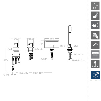 Смеситель на борт ванны Ramonsoler Arola термостатический с каскадным изливом и ручным душем 263304TM