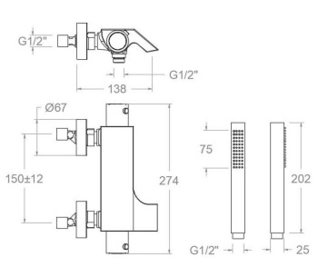 Смеситель термостатический Ramonsoler Urban Chic для ванны с каскадным изливом и с душевым комплектом никель 213901MRNC