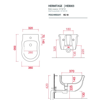 Биде подвесное Artceram HERMITAGE 36х55, с 1 отв под смеситель, с крепежом в комплекте, белый HEB003 01 00