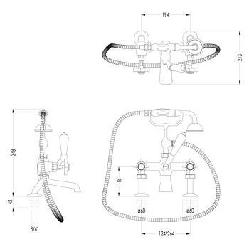 Смеситель для ванны Devon&Devon Coventtry на борт на 2 отв. с душевым комплектом, хром MARF20/BCR