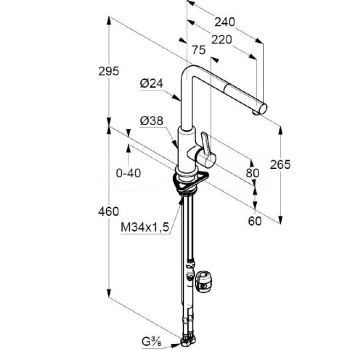 Kludi 40 851 3975 L-INE S Смеситель для кухни 265 мм, выдвижной Г излив, 8,2 л/мин