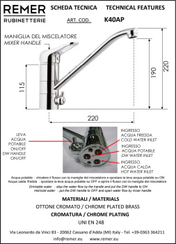 Смеситель для кухни Remer   выход для питьев. воды Kiss хром K40AP