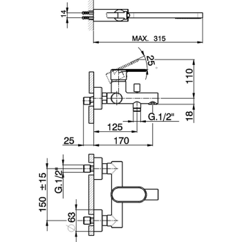 Смеситель для ванны Cisal Lineaviva настенный, с ручной лейкой,держателем и шлангом, хром LV00012021
